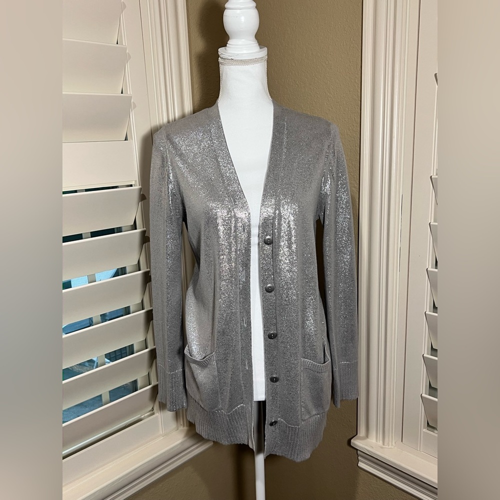 CHICOS Shimmering Silver Button Cardigan - Great Condition